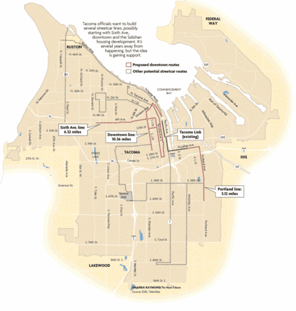 Image: Map possible Tacoma Streetcar Routes